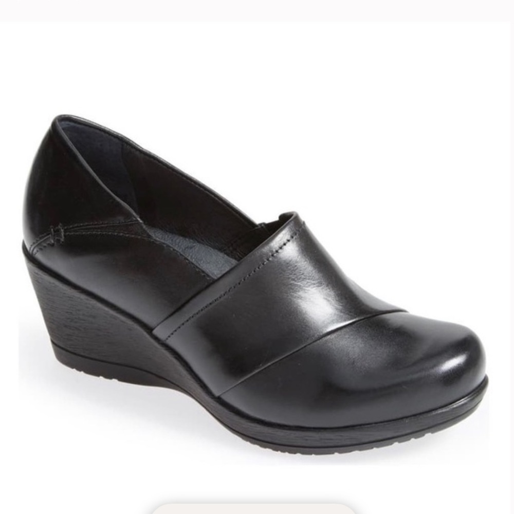 Dansko Rosaline black leather wedge clogs size 39